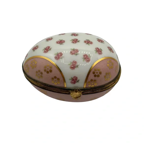 X Large Limoges France Hand Painted Rose Flower Egg Porcelain Pill Trinket Box